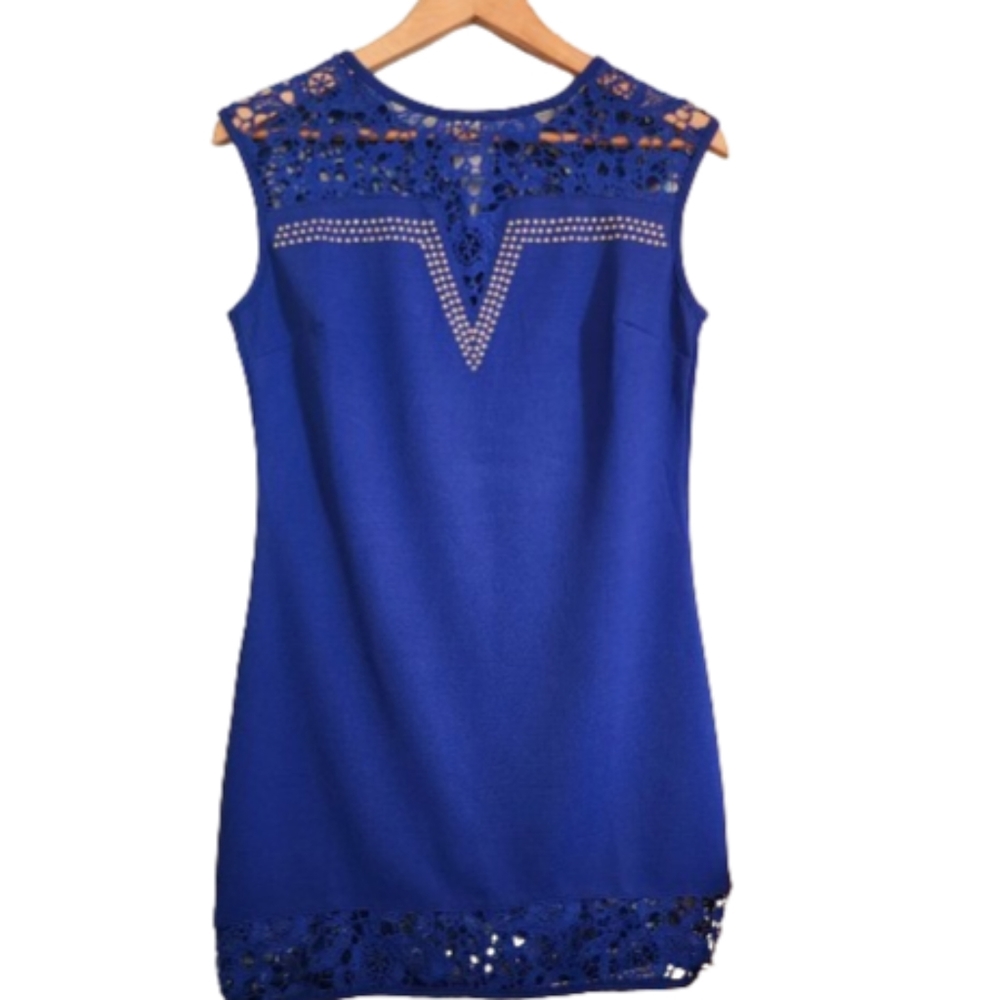 White Mark Couture Lace Embroidered Silver Studded Chevron Sleeveless Mini Dress